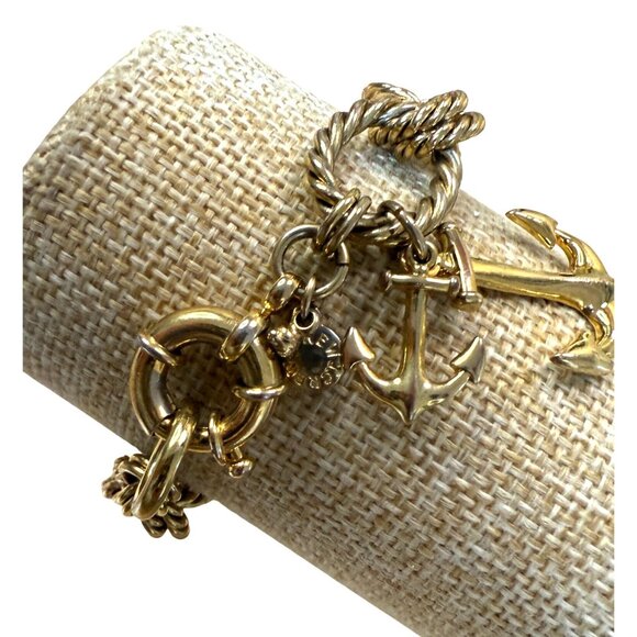 J Crew Gold-Tone Nautical Anchor Charm Bracelet With Twisted Rope Chain & Clasp - Picture 1 of 10